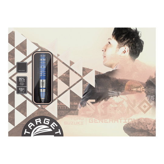 Target Japan Toru Suzuki Sereno GEN1 Swiss Point Steeldarts - 21 g Die Verpackung zeigt die Steeldarts "Target Japan Toru Suzuki Sereno GEN1 Swiss Point" mit einem Gewicht von 21g. Auf der rechten Seite ist eine Porträtaufnahme eines Mannes abgebildet.