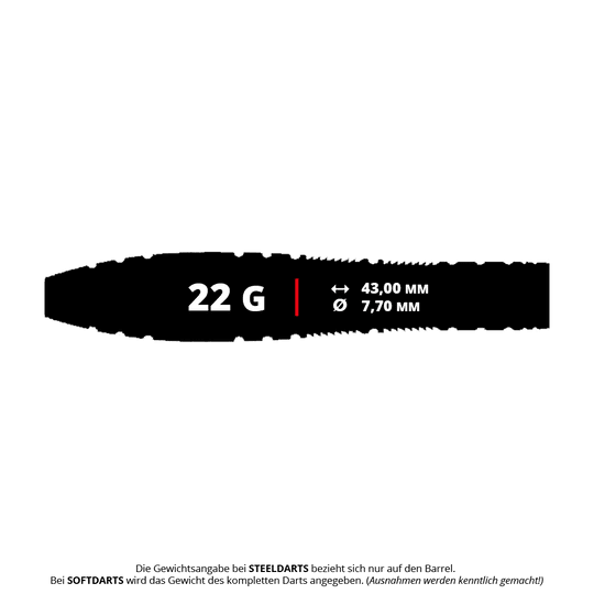 Das Bild zeigt den Caliburn Wolfpack W2 Steeldart mit einem Gewicht von 22 Gramm. Die Länge beträgt 43,00 mm und der Durchmesser 7,70 mm.