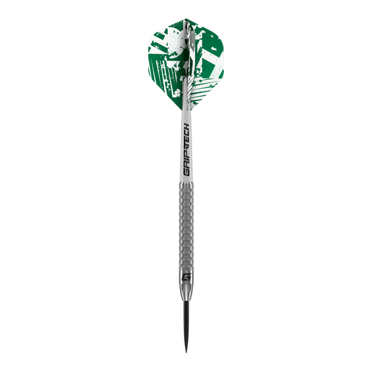 Fléchettes GOAT Fairway V2 en acier tungstène Das Bild zeigt einen GOAT Fairway V2 Tungsten Steeldart. Der Dart hat eine silberne Spitze und Schaft sowie grüne Flights mit weißem Muster.
