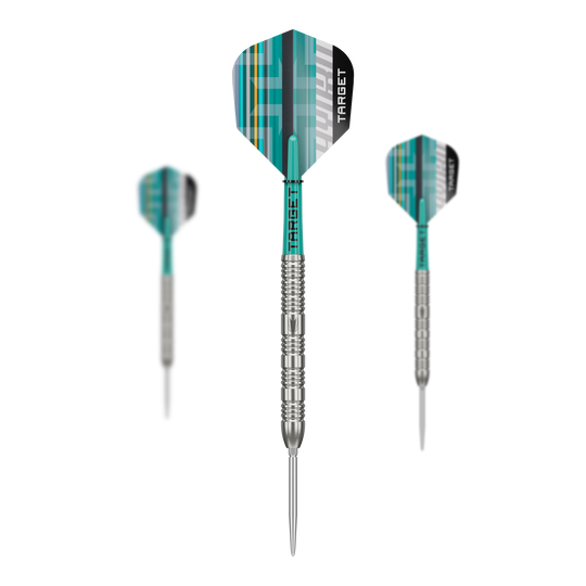 Fléchettes en acier Target Hydro 02 Swiss Point Das Foto zeigt ein Set der Target Hydro 02 Swiss Point Steeldarts. Die verschiedenen Teile des Sets sind gut erkennbar.