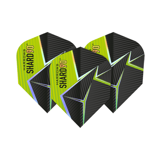 Vols n° 6 de Harrows Prime Shard Das Bild zeigt drei Harrows Prime Shard No6 Flights für Darts. Die Flights haben ein schwarz-gelbes Design mit futuristischen Linien und dem Aufdruck "SHARD 90".