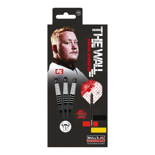 Auf dem Bild ist die Verpackung der "Bulls Martin Schindler Original Generation 3 Steeldarts" zu sehen. Auf der Verpackung sind ein Porträt von Martin Schindler und drei Steeldarts abgebildet.