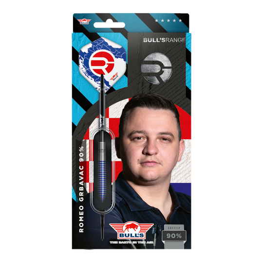 Fléchettes souples Bulls NL Romeo Grbavac - 19 g Die Verpackung zeigt die Softdarts "Bulls NL Romeo Grbavac" mit einem Gewicht von 19g. Auf der Vorderseite ist auch das Bild eines Mannes und das Logo von Bulls abgebildet.