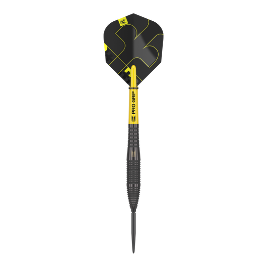 Fléchettes en acier Target Bolide Void 05 Swiss Point Das Bild zeigt einen Target Bolide Void 05 Swiss Point Steeldart. Der Dartpfeil ist überwiegend schwarz mit gelben Akzenten und hat eine strukturierte Griffzone.