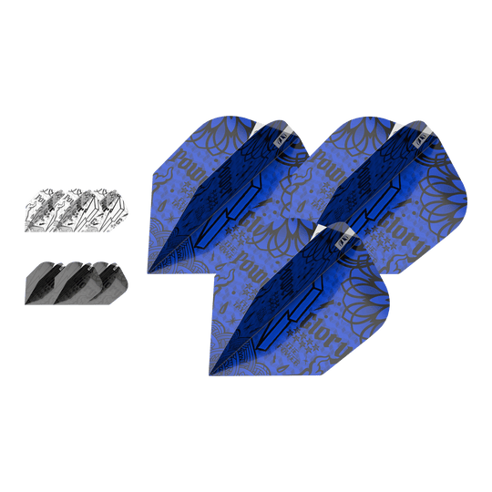 Target Ink Bundle 3 ensembles de vols Power No6 Das Bild zeigt drei Sets von Target Ink Bundle Power No6 Flights in verschiedenen Farben und Designs. Die Flights sind in Blau, Schwarz und Weiß mit auffälligen grafischen Mustern gestaltet.