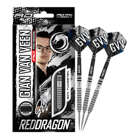 Dragon Rouge Gian Van Veen Tour Edition Steeldarts - 22g Das Bild zeigt die Verpackung und drei Steeldarts des Produkts „Red Dragon Gian Van Veen Tour Edition“ mit 22 Gramm Gewicht. Auf der Verpackung ist ein Porträt von Gian Van Veen sowie der Schriftzug „REDDRAGON“ zu sehen.