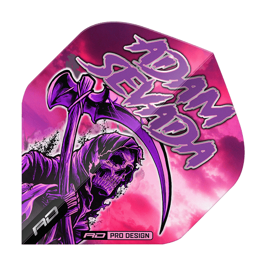 Vols standard Red Dragon Hardcore Adam Sevada Premium No2 Das Bild zeigt das Produkt "Red Dragon Hardcore Adam Sevada Premium No2 Standard Flights". Auf dem Flight ist ein düsteres Sensenmann-Motiv vor einem pink-violetten Hintergrund mit dem Schriftzug "Adam Sevada" zu sehen.