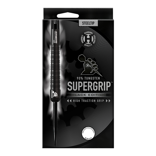 Fléchettes en acier Harrows Supergrip Black Edition Das Bild zeigt die Verpackung der "Harrows Supergrip Black-Edition Steeldarts". Die Verpackung ist schwarz gehalten und hebt die hohe Griffigkeit sowie einen 90%igen Tungsten-Anteil hervor.