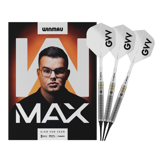 Fléchettes souples Winmau Gian Van Veen W-MAX - 18g Winmau Gian Van Veen W-MAX Softdarts - 18g werden vollständig dargestellt. Alle Details der drei Darts sind sichtbar.