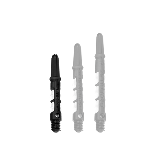 HR437_Harrows_Carbon_ST_Shafts_Weiss_33mm_1bXmIMWHNb3OWY Das Bild zeigt drei Harrows Carbon ST Shafts in Weiß, die nebeneinander stehen. Die Shafts sind unterschiedlich lang und haben ein modernes Design mit schwarzem und weißem Farbanteil.