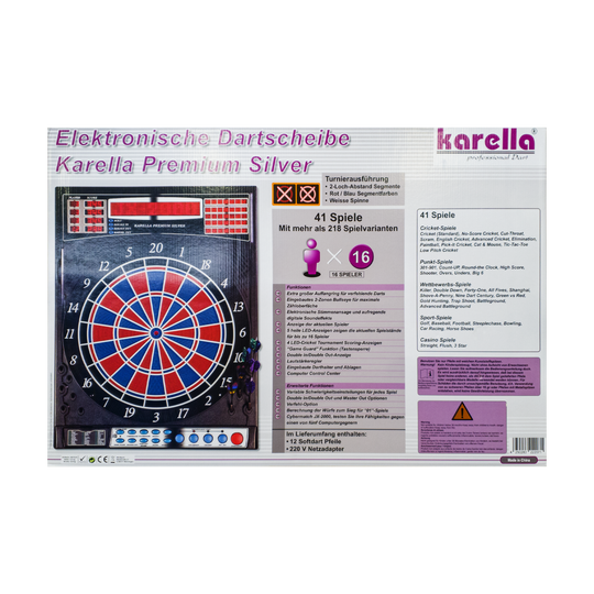 8075_Dartautomat_Karella_Premium_Silver_5BzxokKrLhyZeo Das Bild zeigt die Verpackung des Dartautomaten "Karella Premium Silver". Auf der Verpackung sind Informationen zu den Funktionen und Spielvarianten des elektronischen Dartboards abgebildet.