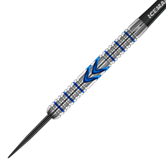 Fléchettes en acier Red Dragon Gerwyn Price Iceman Midnight Edition Das Bild zeigt einen Steeldart mit silberner Oberfläche und blauen Akzenten. In der Mitte befindet sich ein markantes blaues Muster in Pfeilform.
