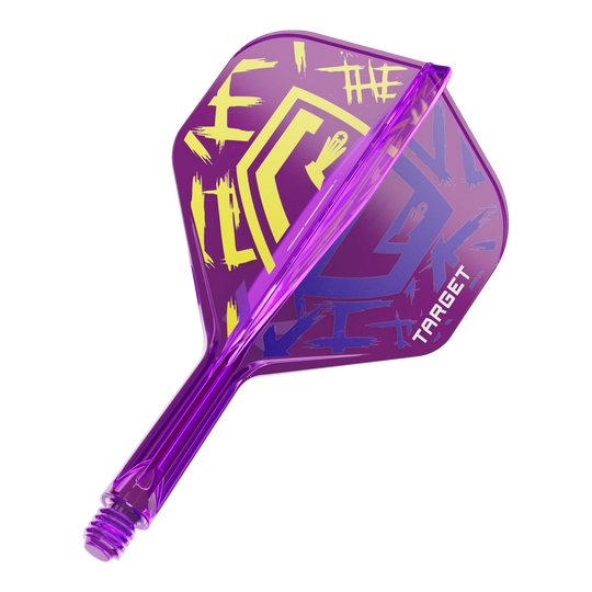 Das Bild zeigt einen lila Dartflight mit grafischen gelben und blauen Elementen. Auf dem Flight steht das Wort "TARGET" und es hat ein auffälliges, modernes Design.