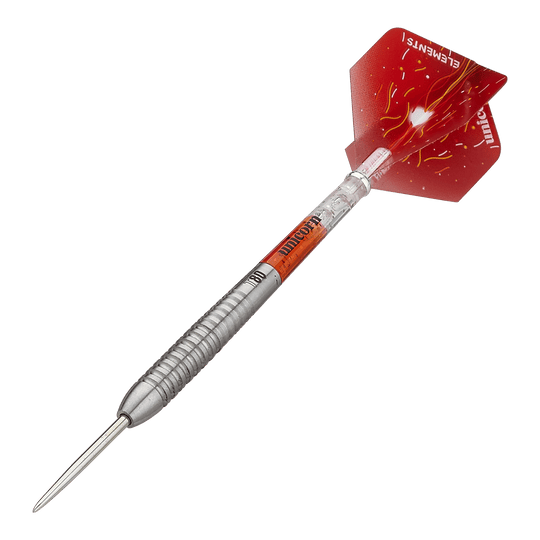 Fléchettes en acier Unicorn Core XL Striker Style 5 Das Bild zeigt einen Unicorn Core XL Striker Style 5 Steeldart. Der Dartpfeil hat einen silbernen Schaft und rote Flights mit gelben Mustern.