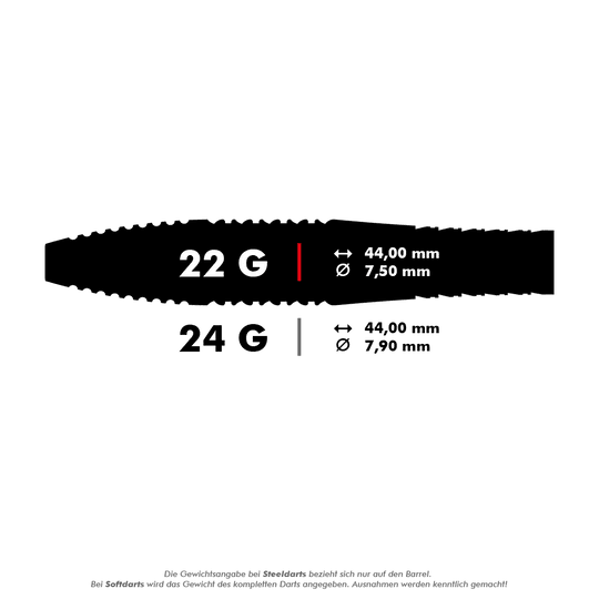 190063_Target_Bolide_05_Swiss_Point_Steeldarts_5_22g Das Bild zeigt die Maße der Target Bolide 05 Swiss Point Steeldarts. Die Darts sind in 22 g (44,00 mm lang, 7,50 mm Durchmesser) und 24 g (44,00 mm lang, 7,90 mm Durchmesser) erhältlich.