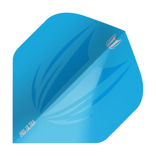 Das Bild zeigt ein blaues Dart-Flight mit dem Namen "Target ProUltra ID Blue No2 Standard Flights". Auf dem Flight sind stilisierte Muster und die Aufschrift "PRO.ULTRA" zu sehen.
