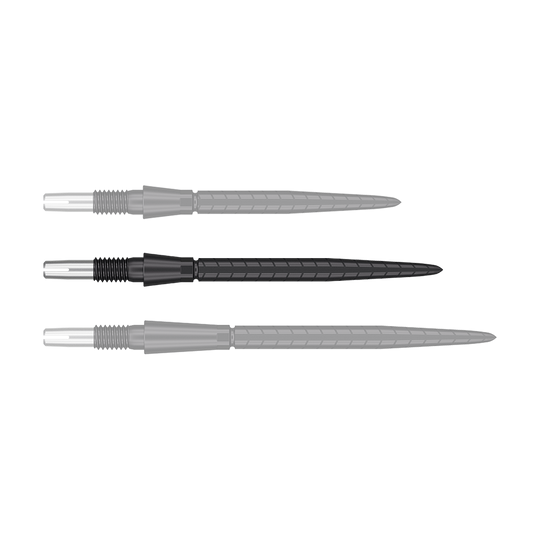 Pointes de fléchettes Target Swiss Storm Quartz - Noir Das Bild zeigt drei schwarze Dartspitzen, die nebeneinander angeordnet sind. Die Spitzen haben einen silbernen Ansatz und sind länglich geformt.