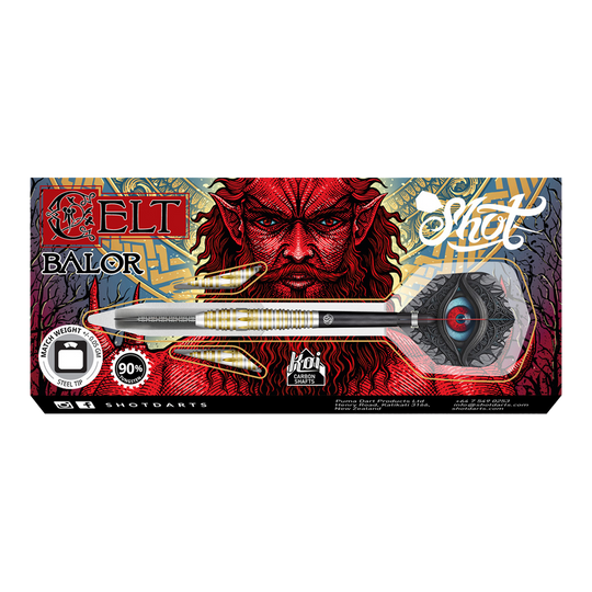 Fléchettes en acier Shot Celt Balor Das Bild zeigt die Verpackung der "Shot Celt Balor Steeldarts". Im Hintergrund ist ein auffälliges, rotes Fantasy-Gesicht und kunstvolles Design zu sehen.