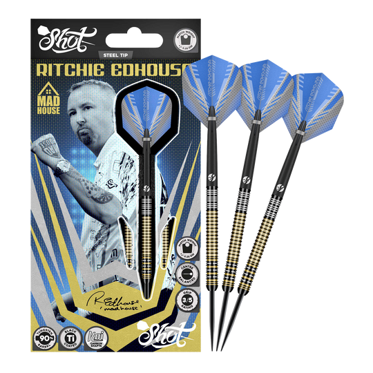 Shot de Ritchie Edhouse Madhouse fléchettes en acier Das Bild zeigt die Shot Ritchie Edhouse Madhouse Steeldarts in voller Ansicht. Diese Darts zeichnen sich durch ihr einzigartiges Design aus.
