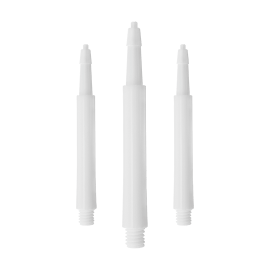 HRC12626W_Harrows_Clic_Standard_Shafts_Weiss_30mm_1WJNxTkqVRaEoq Das Bild zeigt drei weiße Harrows Clic Standard Shafts für Darts. Sie sind aus Kunststoff gefertigt und haben am unteren Ende ein Gewinde.