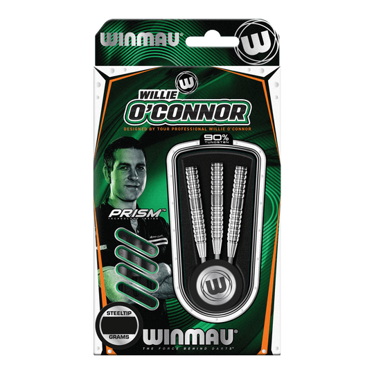 Fléchettes en acier Winmau Willie O'Connor - 23 g Die Verpackung zeigt die Winmau Willie O’Connor Steeldarts mit einem Gewicht von 23 Gramm. Im Inneren sind drei silberne Steeldarts zu sehen.
