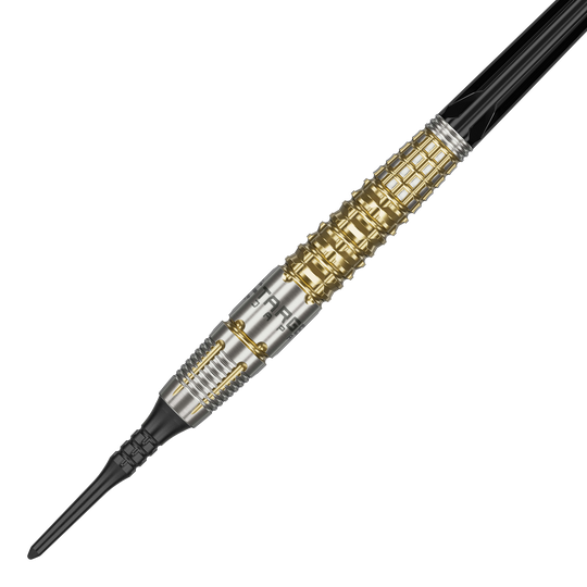 Fléchettes souples Target Japan Black Marque Warrior - 18,5 g Das Bild zeigt einen Softdart namens "Target Japan Black Marque Warrior" mit einem Gewicht von 18,5g. Der Dart hat ein auffälliges Design mit goldenen und silbernen Elementen sowie einer schwarzen Spitze.