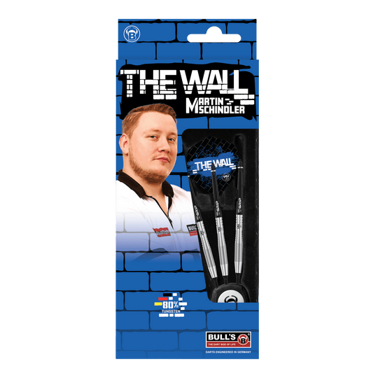 Die Abbildung zeigt die Produktverpackung der "Bulls Martin Schindler TW80 Softdarts - 18g". Auf der Verpackung ist ein Bild von Martin Schindler sowie drei Softdarts und das Logo von BULL'S zu sehen.