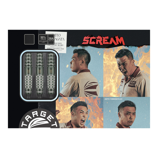 Fléchettes souples Target Japan Akito Yamagata Scream GEN1 - 19 g Das Bild zeigt die Verpackung der Target Japan Akito Yamagata Scream GEN1 Softdarts - 19g. Auf der Verpackung sind drei Darts sowie vier ausdrucksstarke Porträtfotos einer Person zu sehen.