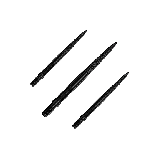 Pointes de fléchettes Mission R2.5 Rapid Point DSX - Noires Das Bild zeigt ein Set von schwarzen Dartspitzen, 30 mm lang. Die Dartspitzen sind zusammen gruppiert dargestellt.