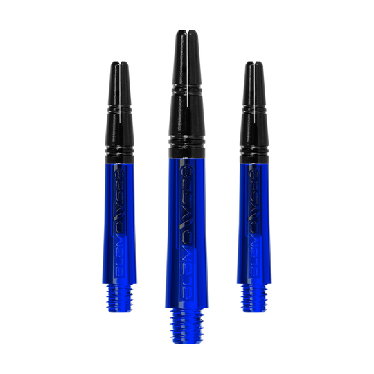 Tiges Harrow's Alamo VS2 - Bleues Das Bild zeigt drei blaue Dartschäfte mit schwarzem oberen Teil. Sie sind nebeneinander angeordnet und haben ein glänzendes Design.