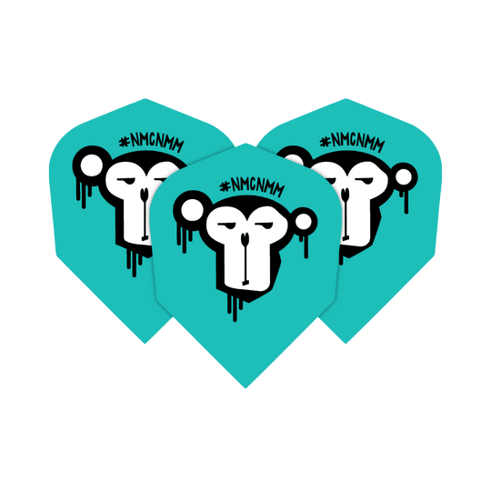 Pas mon cirque, pas mes singes NMCNMM Vols standards Das Bild zeigt drei türkisfarbene Darts-Flights mit dem Aufdruck eines stilisierten Affengesichts. Über dem Affenkopf steht die Abkürzung "#NMCNMM".