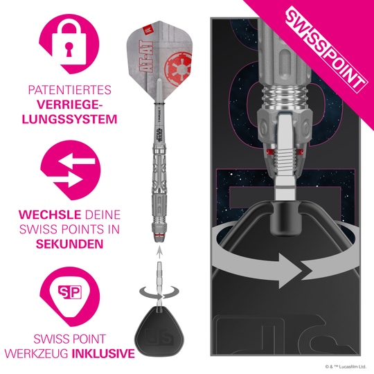 Fléchettes en acier Target Star Wars AT-AT Swiss Point Hier sind die Target Star Wars AT-AT Swiss Point Steeldarts abgebildet. Die Darts haben ein einzigartiges Design aus dem Star Wars Universum.