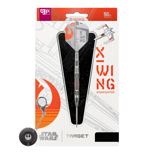 Zu sehen ist das Produkt Target Star Wars X-Wing Swiss Point Steeldarts. Diese Steeldarts sind inspiriert von dem berühmten X-Wing aus Star Wars.