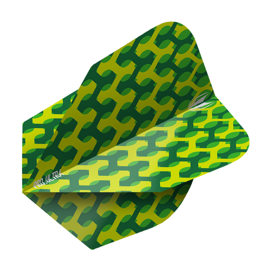 TG69_335230_Target_ProUltra_Fabric_Green_Ten-X_Flights_2 Das Bild zeigt das Produkt "Target ProUltra Fabric Green Ten-X Flights". Die Flügel haben ein grünes Muster mit gelben Akzenten und sind für Dartpfeile bestimmt.