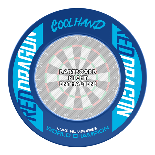 Cadre de fléchettes Red Dragon Luke Humphries, champion du monde Dies ist das Produkt "Red Dragon Luke Humphries World Champion Dartboard Surround" in blauer Farbe. In der Mitte steht: "Dartboard nicht enthalten!"