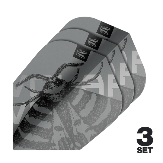 Ailettes Target Pro Ultra Volar n° 6 - 3 jeux Das Bild zeigt drei Sets der Target Pro Ultra Volar No6 Flights. Die Flights sind grau mit einem detaillierten Insektenmotiv gestaltet.