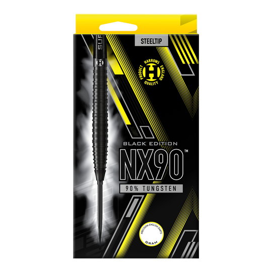 Fléchettes en acier Harrows NX90 Black Edition à pointe rapide conique Die Abbildung zeigt die Harrows NX90 Black Edition Tapered Quick Point Steeldarts. Sie haben eine elegante, konische Silhouette und sind komplett schwarz.