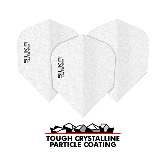 Harrows Silice Solide Résistant Revêtement Cristallin Blanc No6 Vols Das Bild zeigt drei weiße Dartflights mit der Aufschrift "SILIKA HARROWS". Darunter steht "TOUGH CRYSTALLINE PARTICLE COATING" zusammen mit einer grafischen Darstellung von Kristallen.