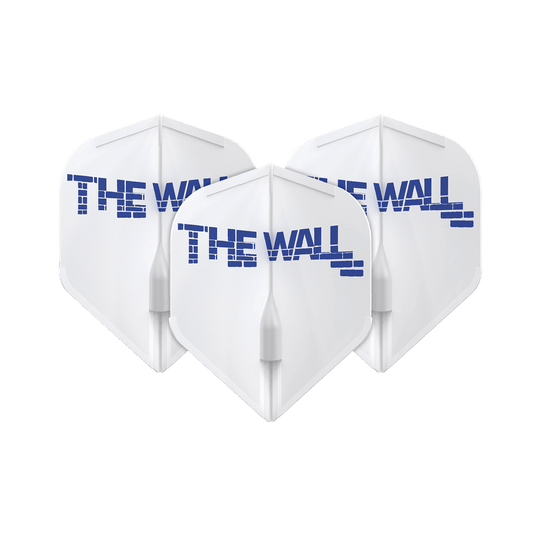 Vols L-Style Martin Schindler Blanc L1EZ Das Bild zeigt drei weiße Dart-Flights mit der blauen Aufschrift "THE WALL". Die Flights sind das Modell L-Style Martin Schindler Weiß L1EZ.