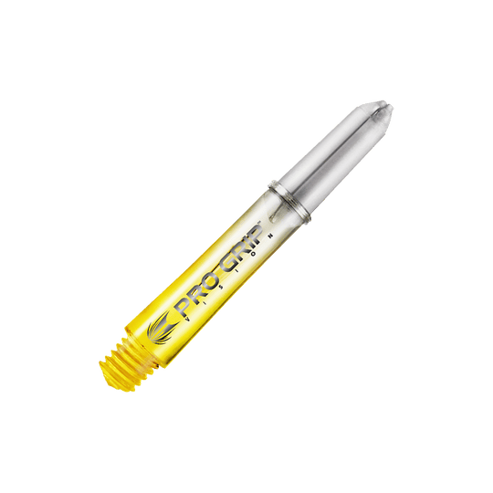 Tiges Target Pro Grip Vision - 3 jeux - Jaune Das Bild zeigt einen gelben Dart-Schaft mit der Aufschrift "Pro Grip Vision". Der Schaft ist durchsichtig und hat ein modernes Design.
