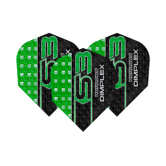 Volets Harrows Dimplex S3 - Vert Das Bild zeigt drei grüne und schwarze Dart-Flights des Modells "Harrows Dimplex S3". Auf den Flights steht der Text "Harrows Dimplex S3" in grüner und weißer Schrift.