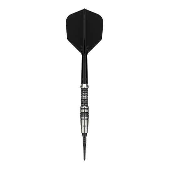 Fléchettes souples Target Japan Black Marque Heracles - 18 g Das Bild zeigt einen Softdart der Marke 'Target Japan Black Marque Heracles' mit einem Gewicht von 18g. Der Dart hat ein elegantes Design mit schwarz-silbernem Barrel und schwarzer Spitze sowie Flight.