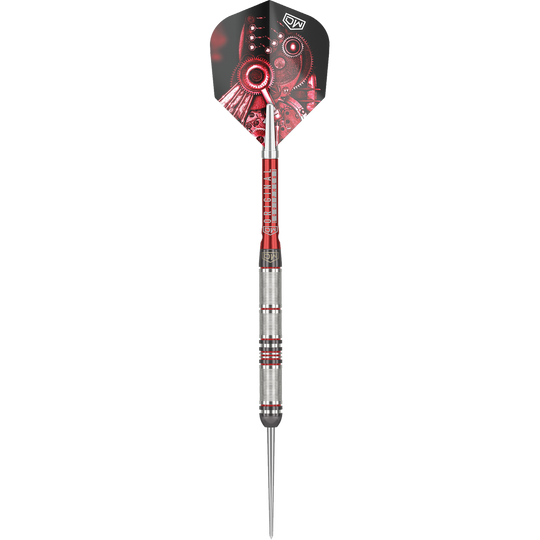 Fléchettes en acier DW Piranha Razor 01 Das Bild zeigt den Steeldart "DW Piranha Razor 01". Der Dart hat ein silbernes Griffstück mit roten Akzenten und eine Flight mit mechanischem Design.