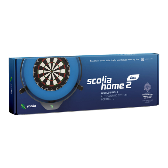 Scolia Home 2 FLEX - Système de notation électronique automatique 2026 Das Bild zeigt die Verpackung des Produkts "Scolia Home 2 FLEX – Elektronisches Punktesystem". Es ist ein automatisches Auswertungssystem für Darts.