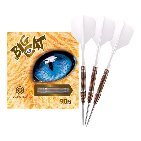 Fléchettes en acier Caliburn Big Cats Lion Das Bild zeigt ein vollständiges Set Caliburn Big Cats Lion Steeldarts. Die Darts sind in voller Länge sichtbar.