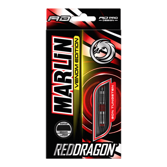 Fléchettes souples Red Dragon Marlin Venom - 22 g Die Abbildung zeigt die Verpackung der "Red Dragon Marlin Venom Softdarts - 22g". Die Verpackung ist schwarz-rot gestaltet und hebt die Darts mit 90% Tungsten-Anteil hervor.