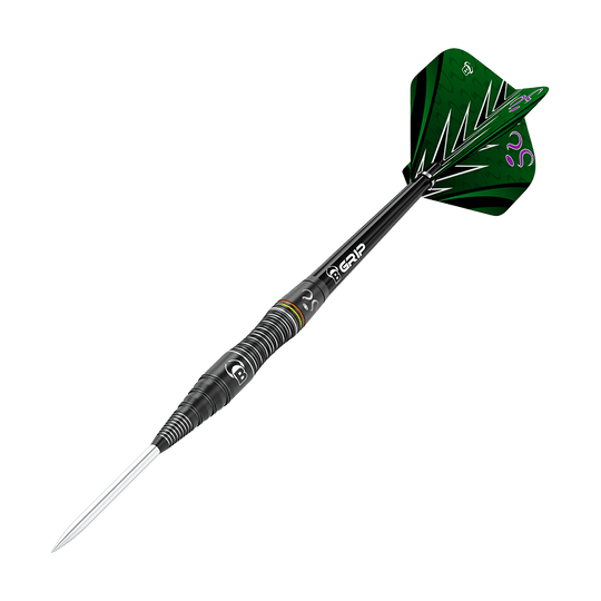 Bulls Brian Raman L'Homme-Mystère Steeldarts Das Bild zeigt einen modernen Steeldartpfeil mit schwarzem Schaft und silberner Spitze. Die Flights sind grün mit auffälligen schwarzen und weißen Mustern sowie lila Details.