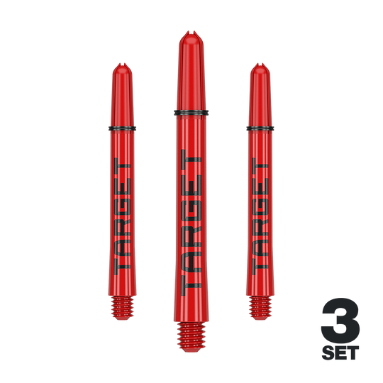 Tiges Target Pro Grip TAG - 3 jeux - Rouge Das Bild zeigt drei rote Dartschäfte mit der Aufschrift "TARGET". Unten rechts steht "3 SET", was auf ein Set mit drei Stück hinweist.