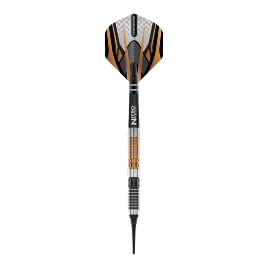 Fléchettes souples Red Dragon Panterra - 20 g Das Bild zeigt einen Red Dragon Panterra Softdart mit einem Gewicht von 20g. Der Dart hat ein markantes Design mit schwarzen, goldenen und silbernen Elementen.