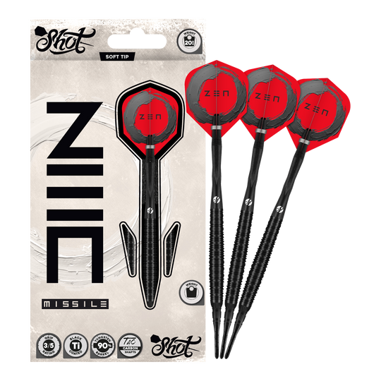 Fléchettes souples Shot ZEN Missile - 20 g Auf dem Bild ist der vollständige Satz der Shot ZEN Missile Softdarts - 20g zu sehen. Diese Pfeile sind für anspruchsvolle Dartspieler konzipiert.
